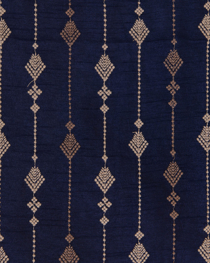 Navy Blue Slub Silk Thread Stripe Embroidery Fabric