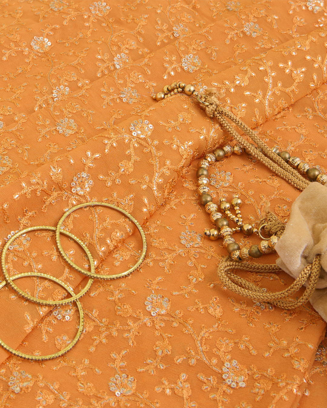 Orange Semi Georgette Fabric with Aari & Badla Embroidery