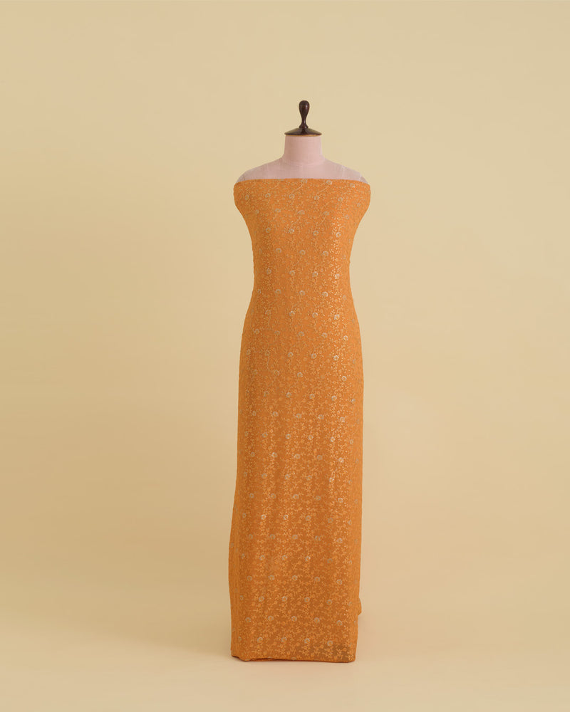 Orange Semi Georgette Fabric with Aari & Badla Embroidery
