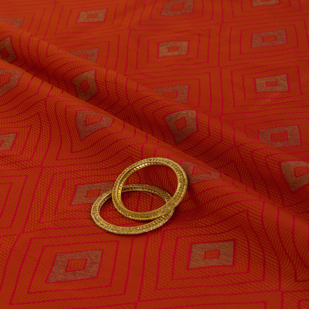 Orange Silk Resham Geometric Antique Mina Brocade Fabric
