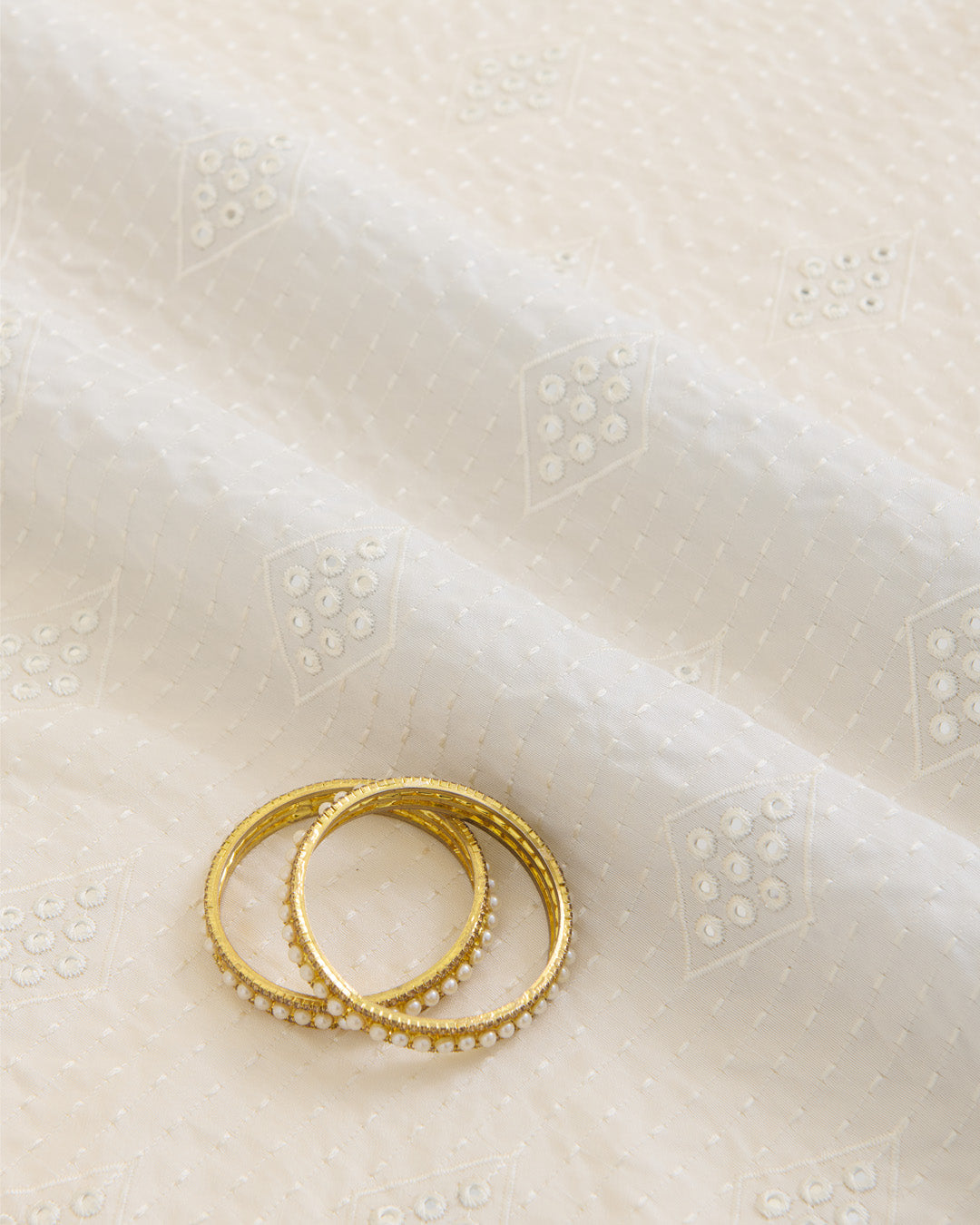 Offwhite Slub Silk Chawal Taka Mirror Stripes Embroidery Fabric