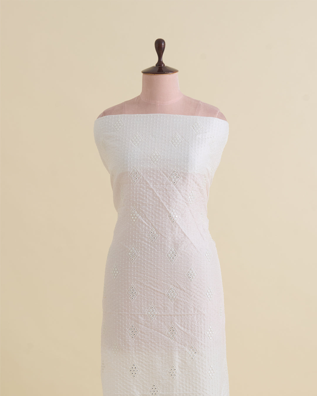 Offwhite Slub Silk Chawal Taka Mirror Stripes Embroidery Fabric