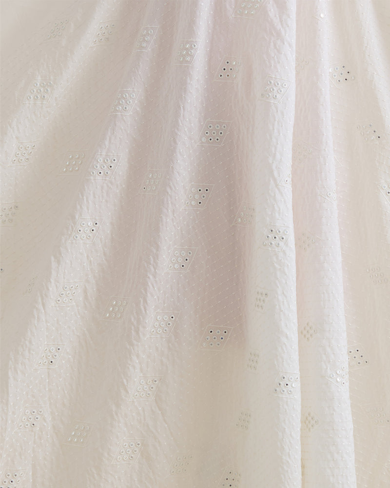 Offwhite Slub Silk Chawal Taka Mirror Stripes Embroidery Fabric