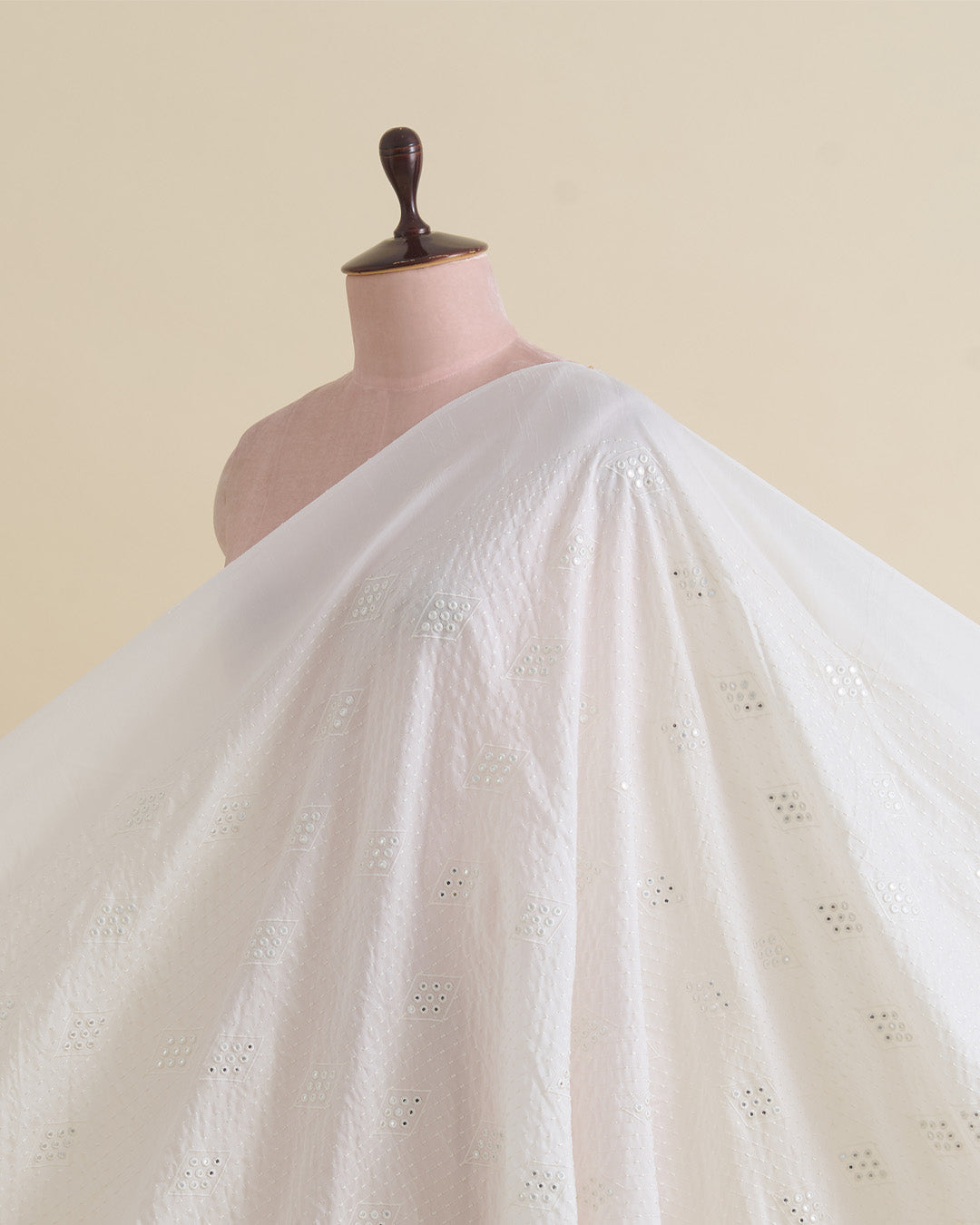 Offwhite Slub Silk Chawal Taka Mirror Stripes Embroidery Fabric