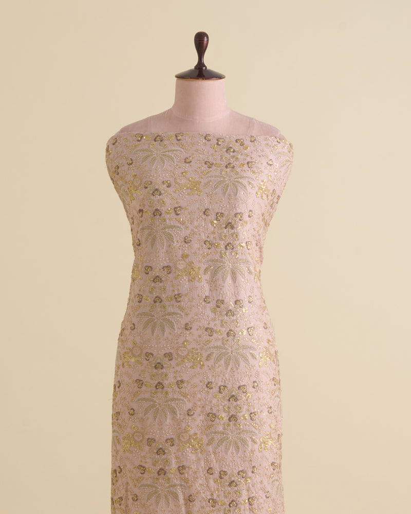 Peach Slub Silk Embroidered Jaal Fabric