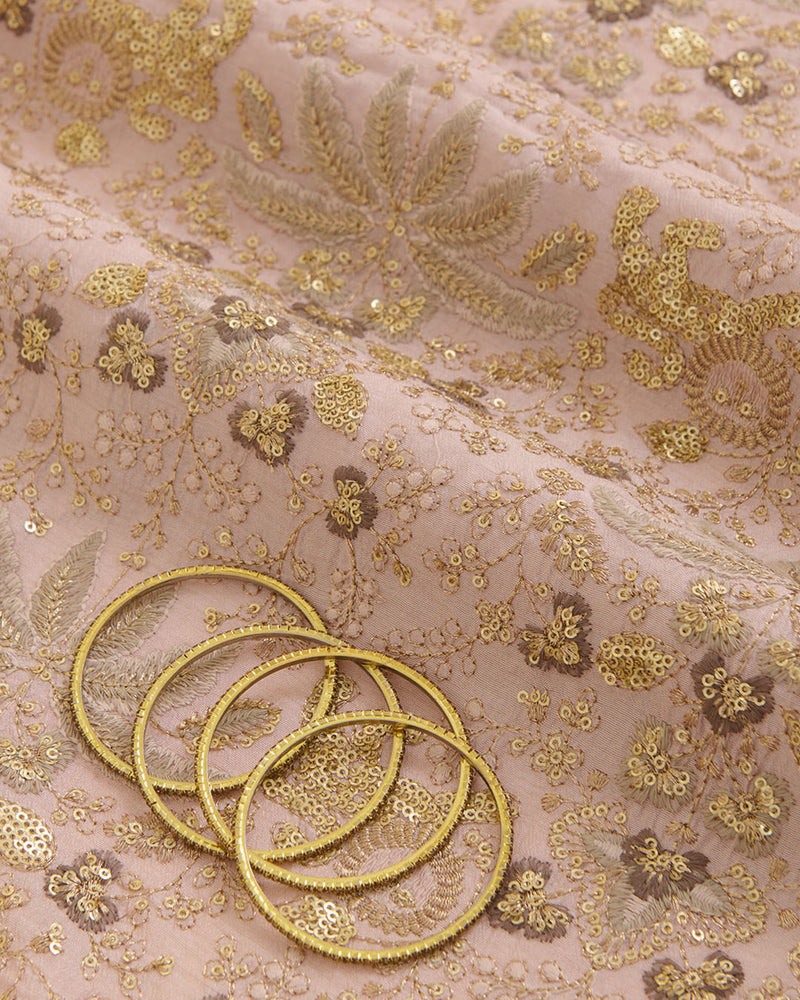 Peach Slub Silk Embroidered Jaal Fabric