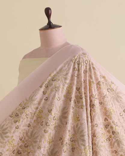 Peach Slub Silk Embroidered Jaal Fabric