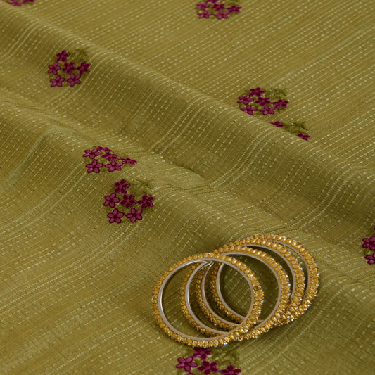 Pista Green Slub Silk Thread Embroidered Stripes Buta Fabric