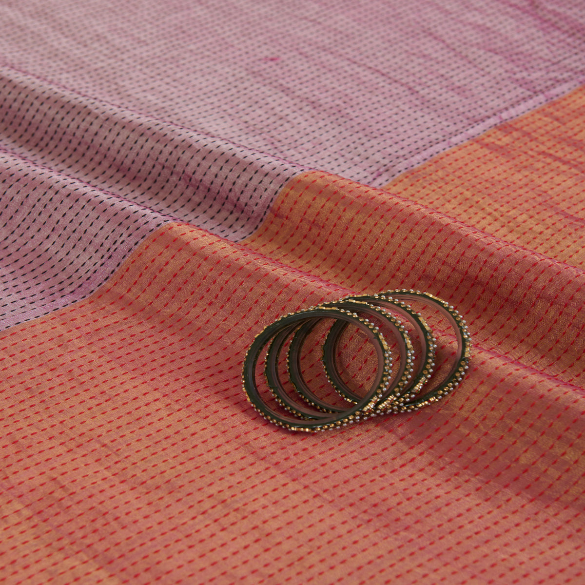 Red Lilac Silk Tissue Half Silver Gold with Kantha Stitch Fabric