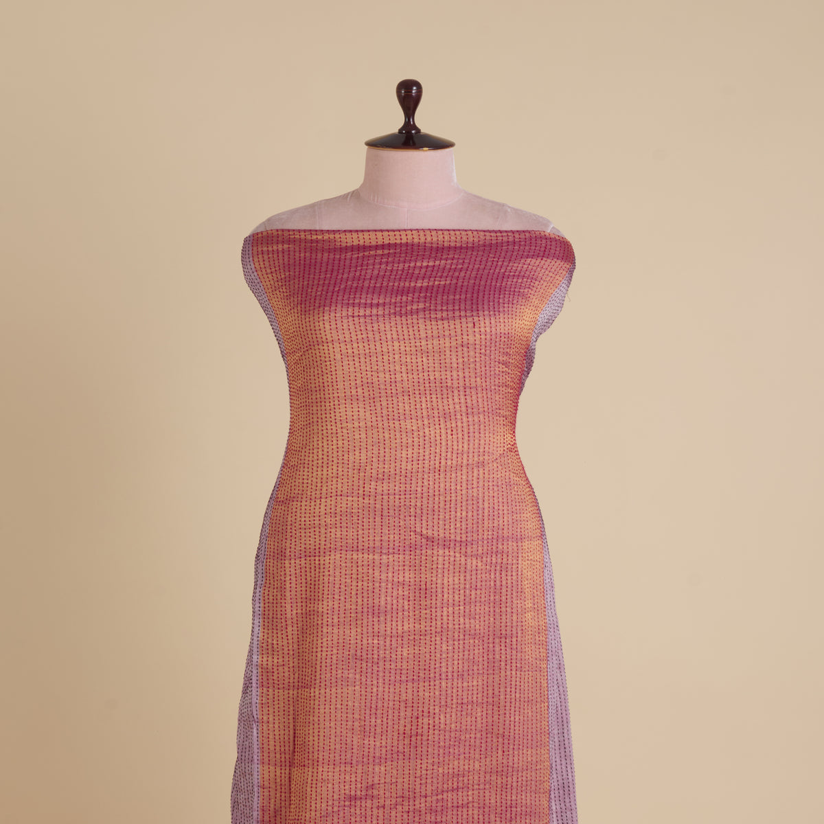 Red Lilac Silk Tissue Half Silver Gold with Kantha Stitch Fabric