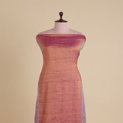 Red Lilac Silk Tissue Half Silver Gold with Kantha Stitch Fabric