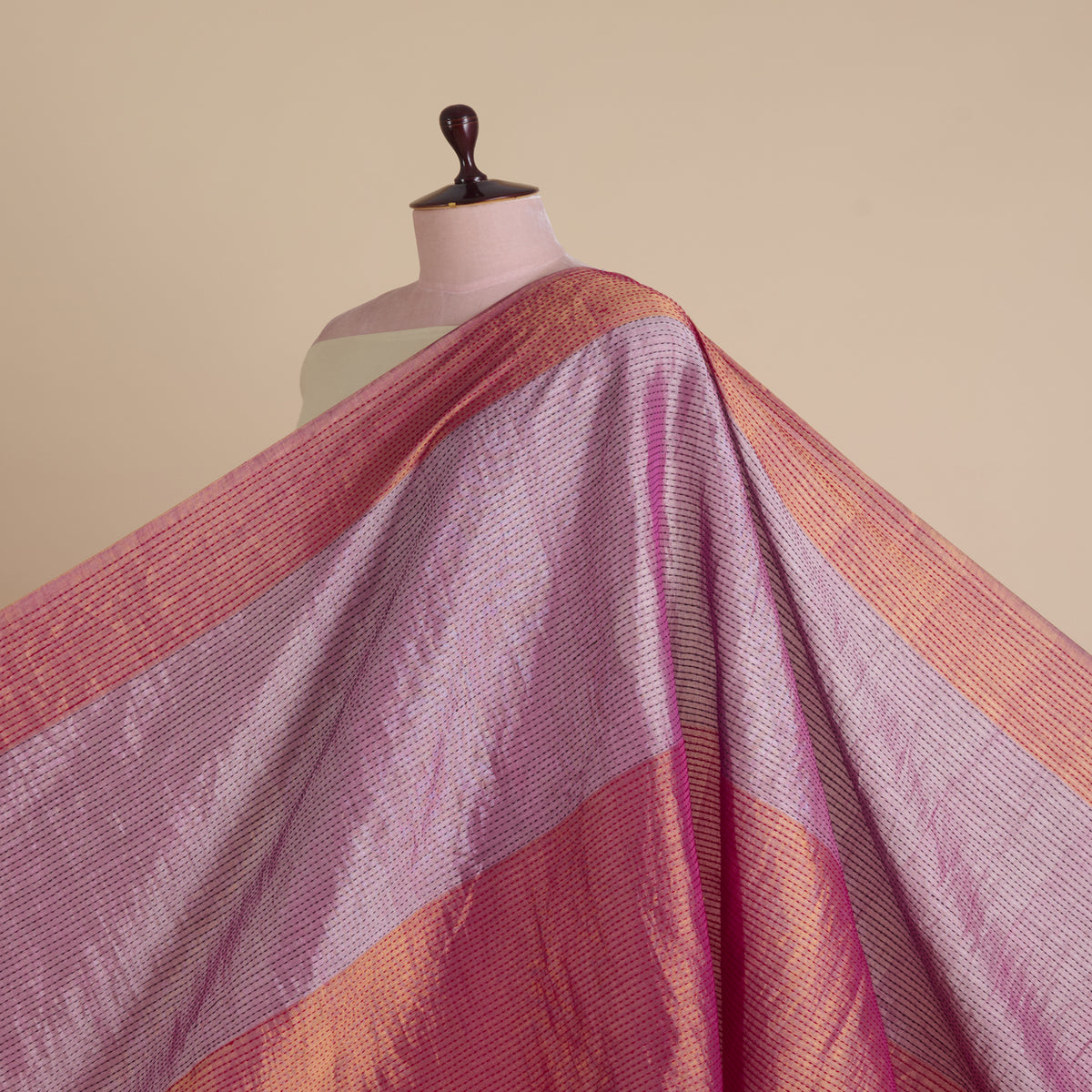 Red Lilac Silk Tissue Half Silver Gold with Kantha Stitch Fabric