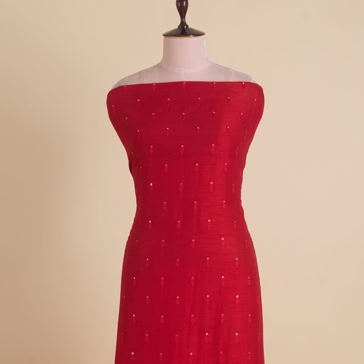 Red Slub Silk Mirror Work Fabric