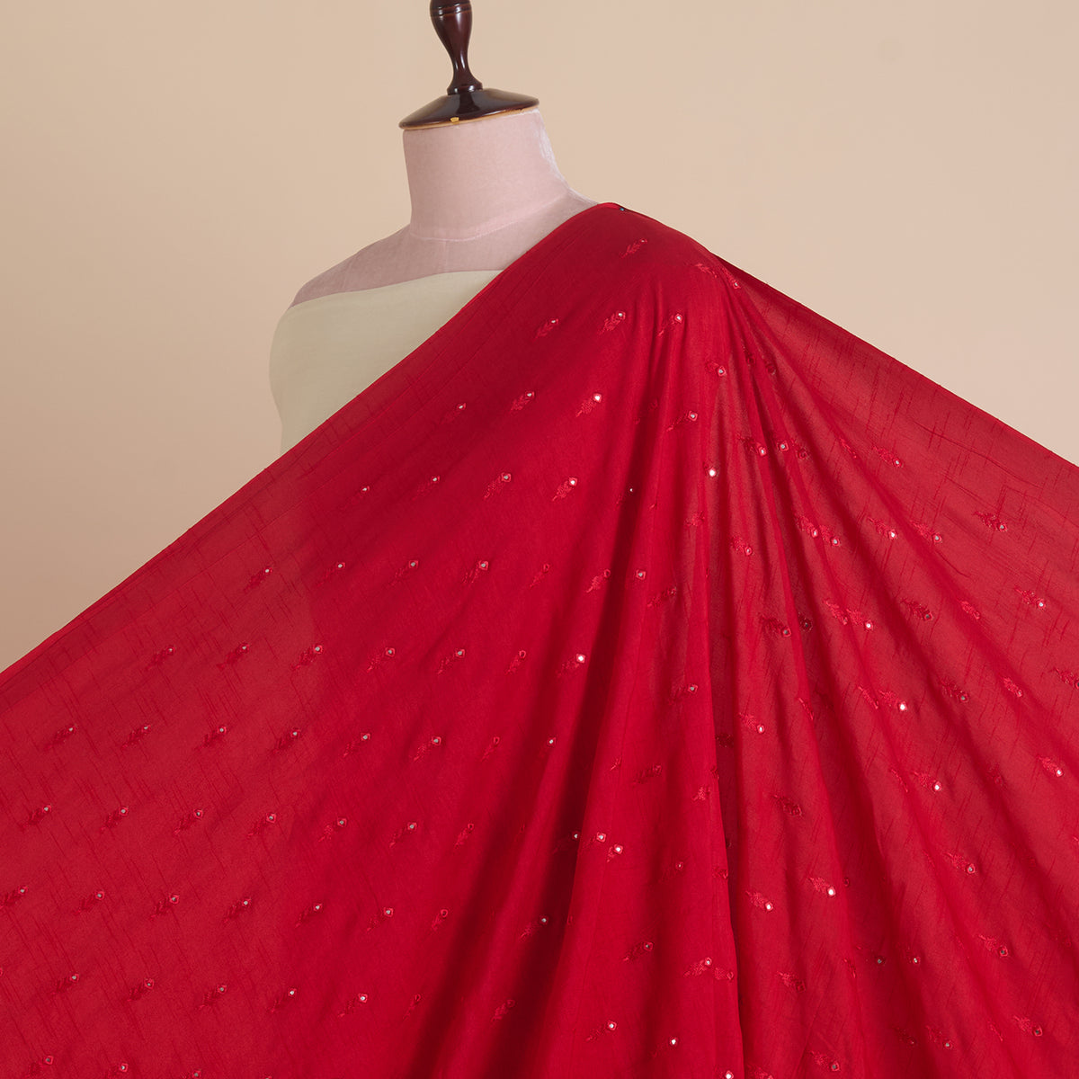 Red Slub Silk Mirror Work Fabric