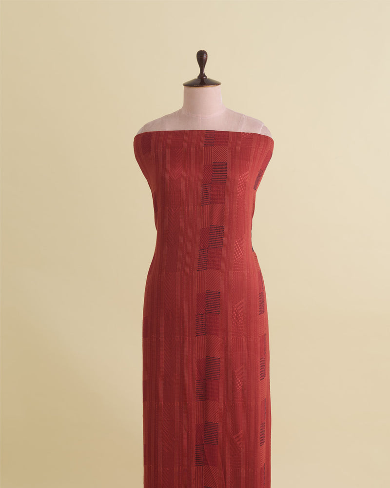 Rust Satin Dupion Fabric with Geometric Thread Embroidery