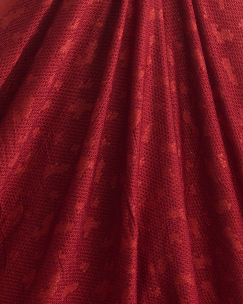 Red Maroon Satin Dupion Fabric with Snake Resham Embroidery