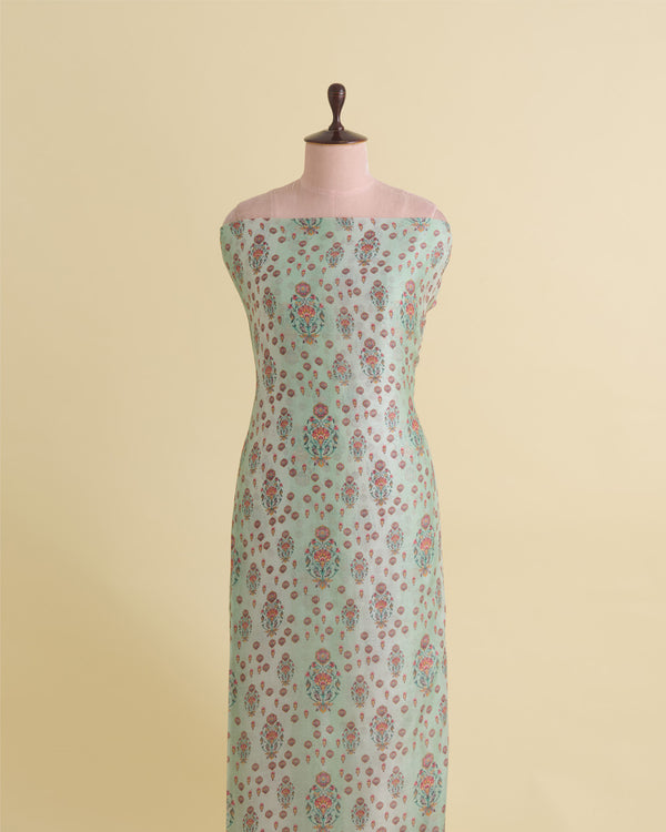 Silk Chanderi Floral Buta Printed Fabric in Sea Green – Lightweight Indian Fabric