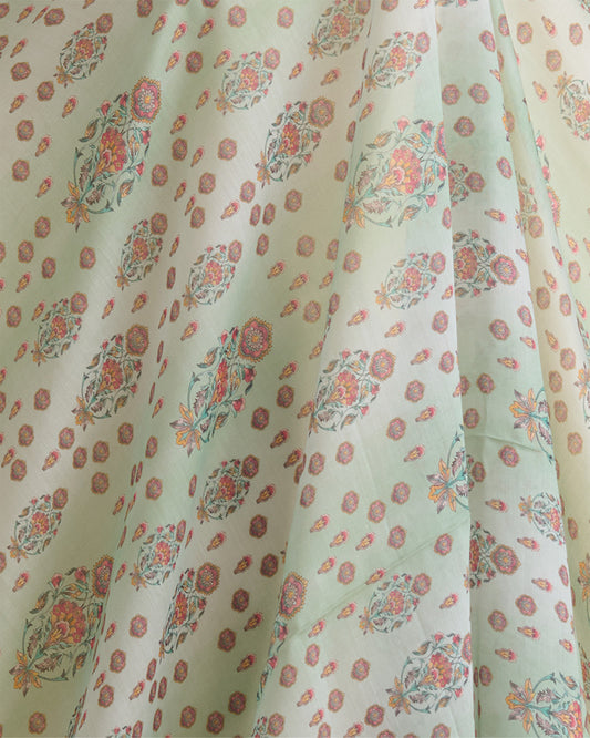 Silk Chanderi Floral Buta Printed Fabric in Sea Green – Lightweight Indian Fabric
