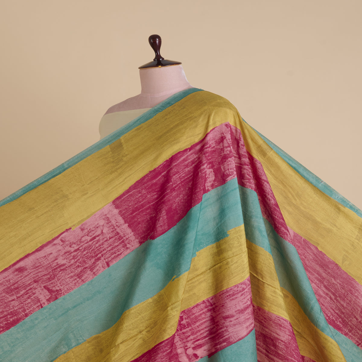 Sea Green Red Slub Silk Digital Printed Multi Patta Fabric