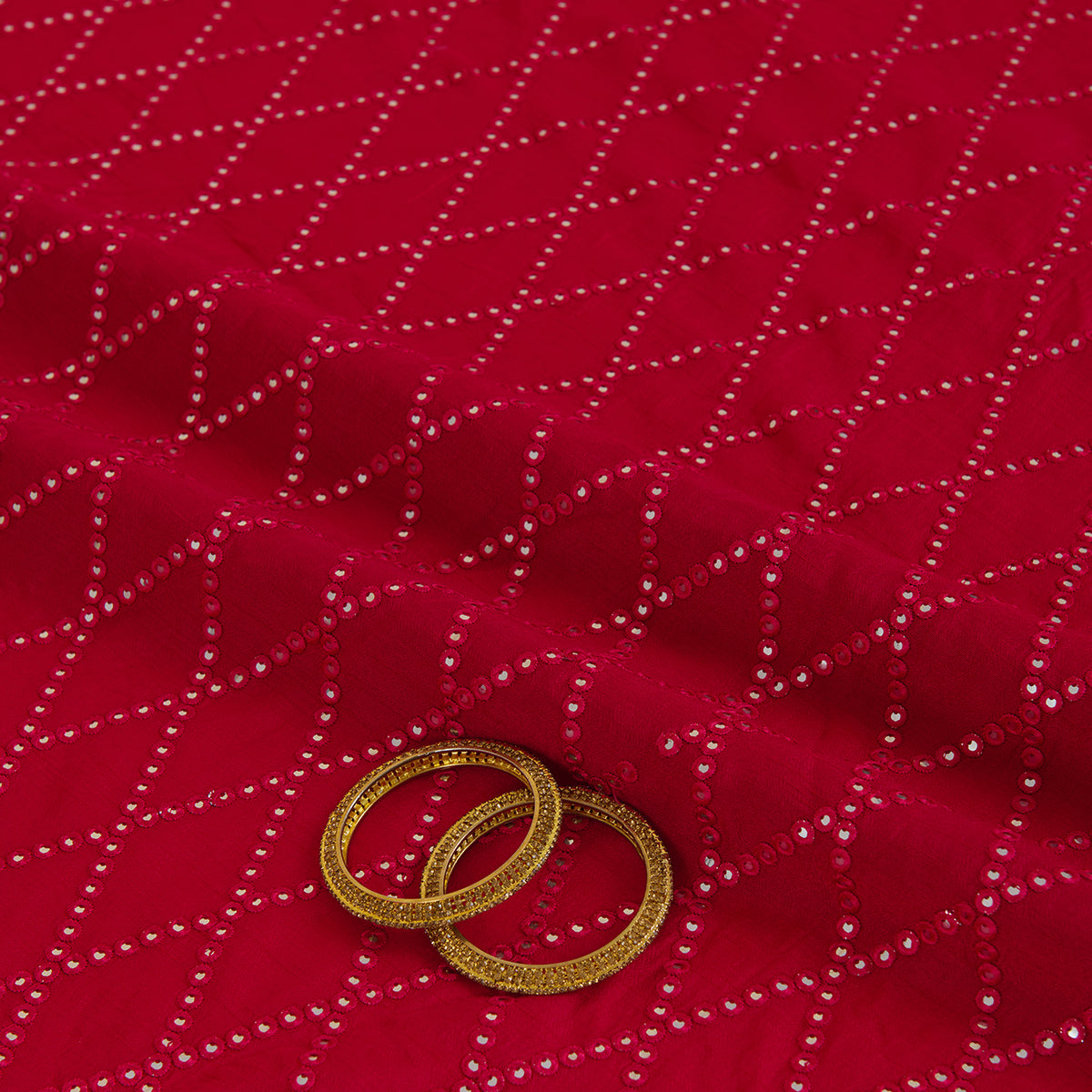 Tomato Pink Slub Silk Geometric Embroidery