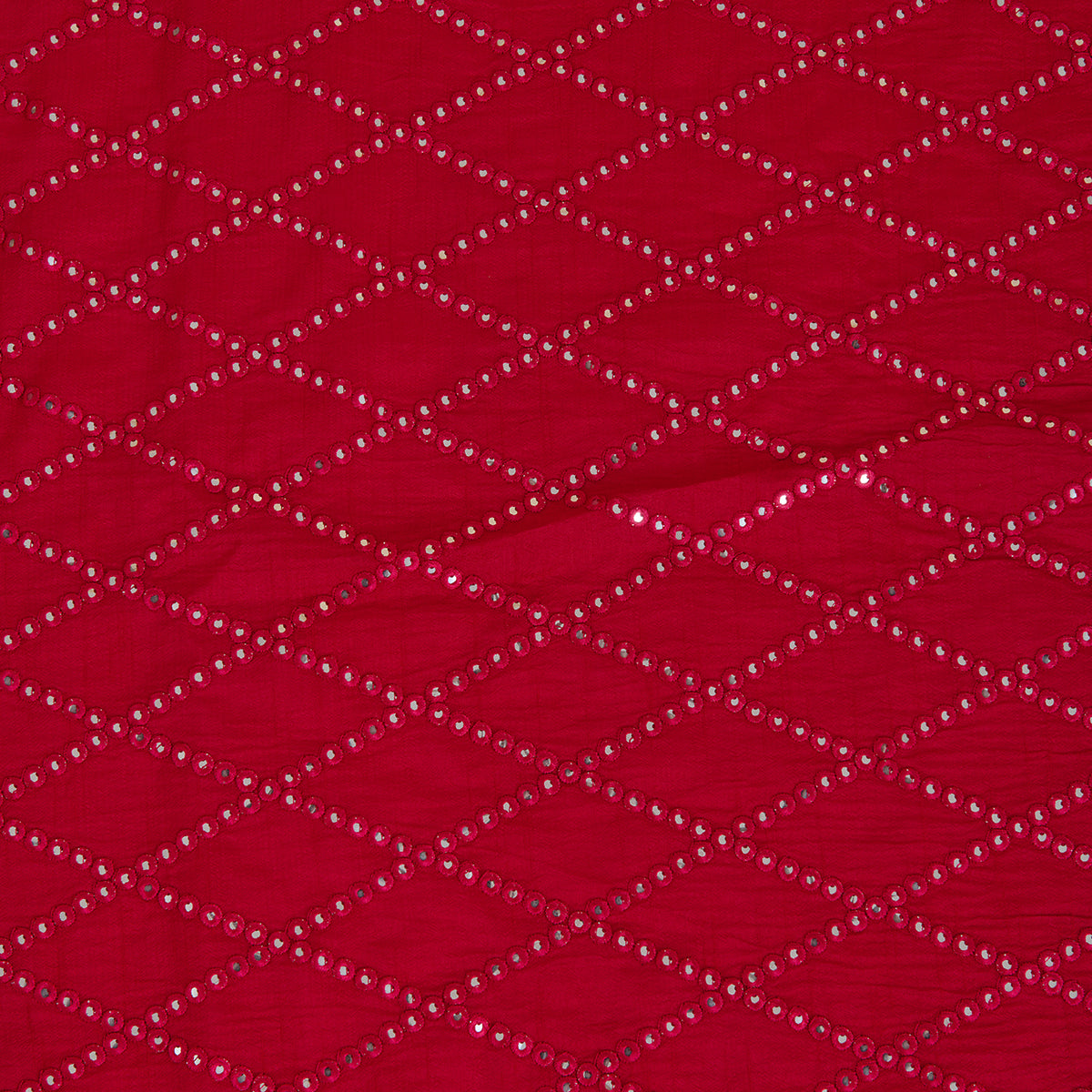 Tomato Pink Slub Silk Geometric Embroidery