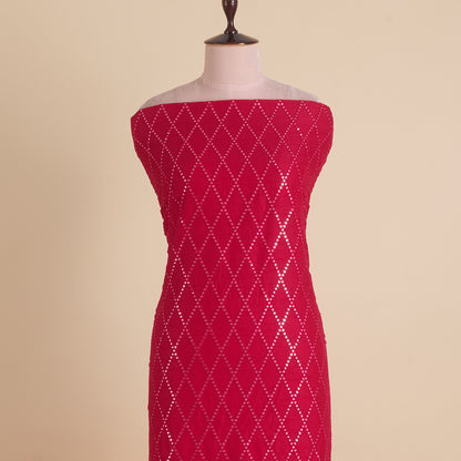 Tomato Pink Slub Silk Geometric Embroidery