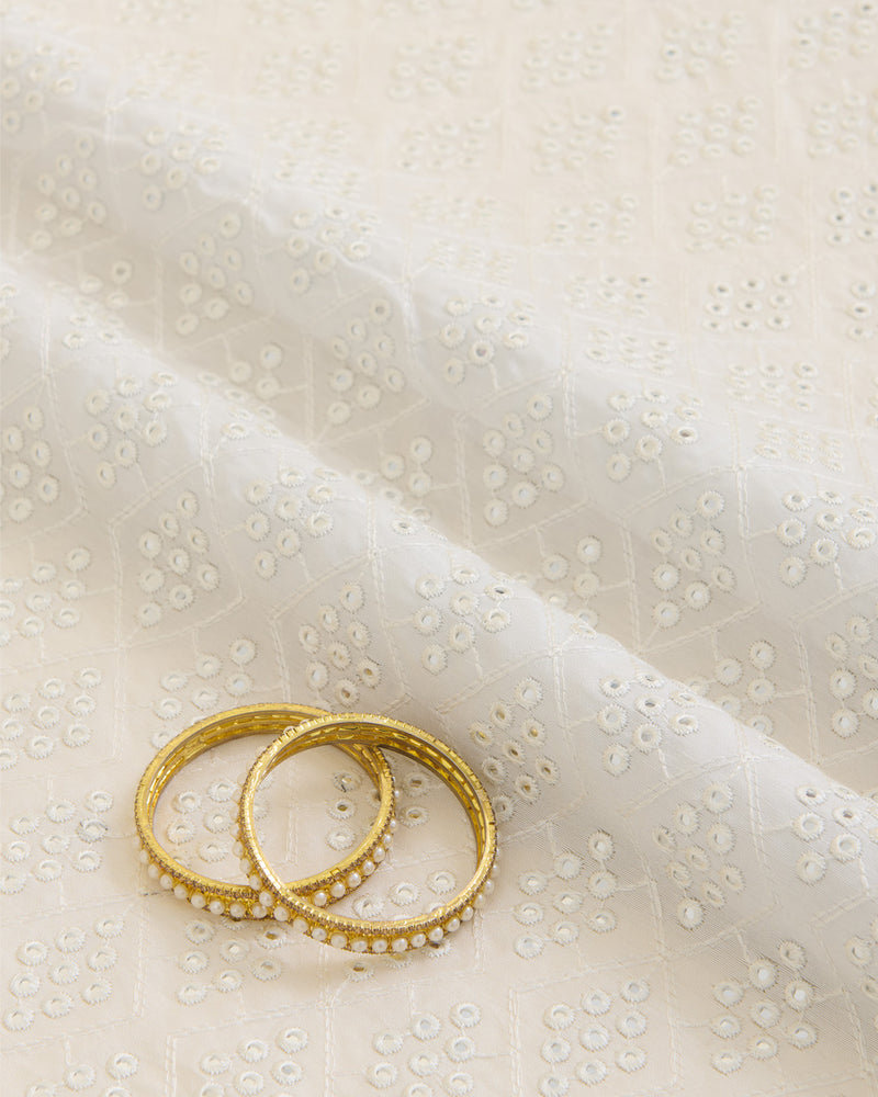 White Slub Silk Thread & Mirror Geometric Embroidery Fabric