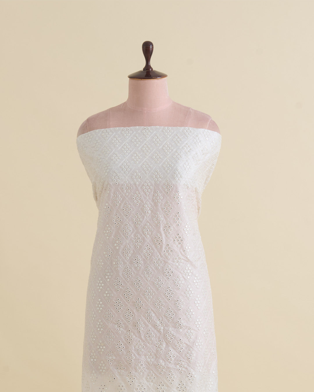 White Slub Silk Thread & Mirror Geometric Embroidery Fabric