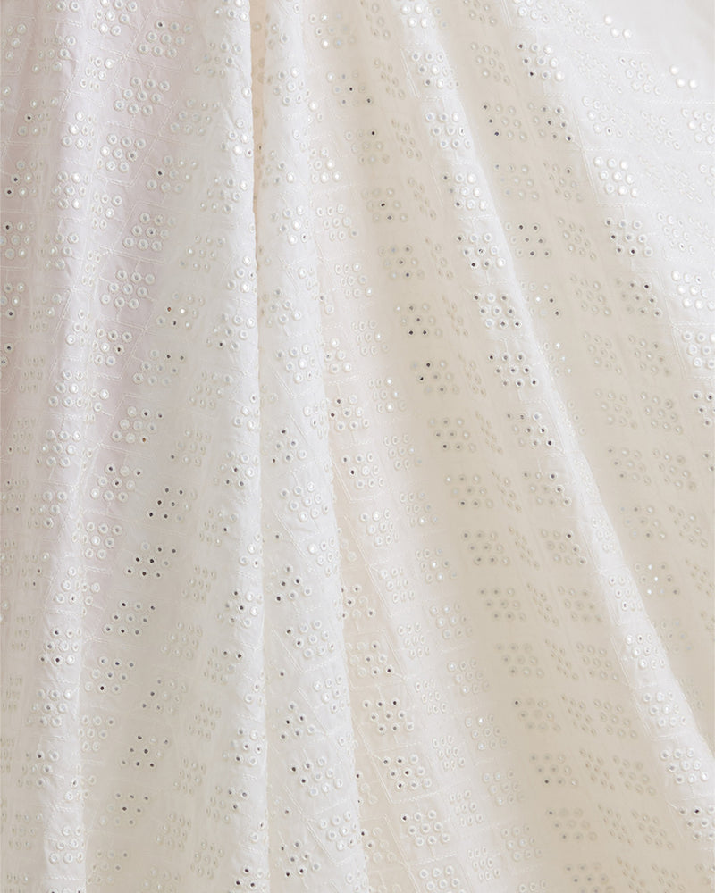 White Slub Silk Thread & Mirror Geometric Embroidery Fabric