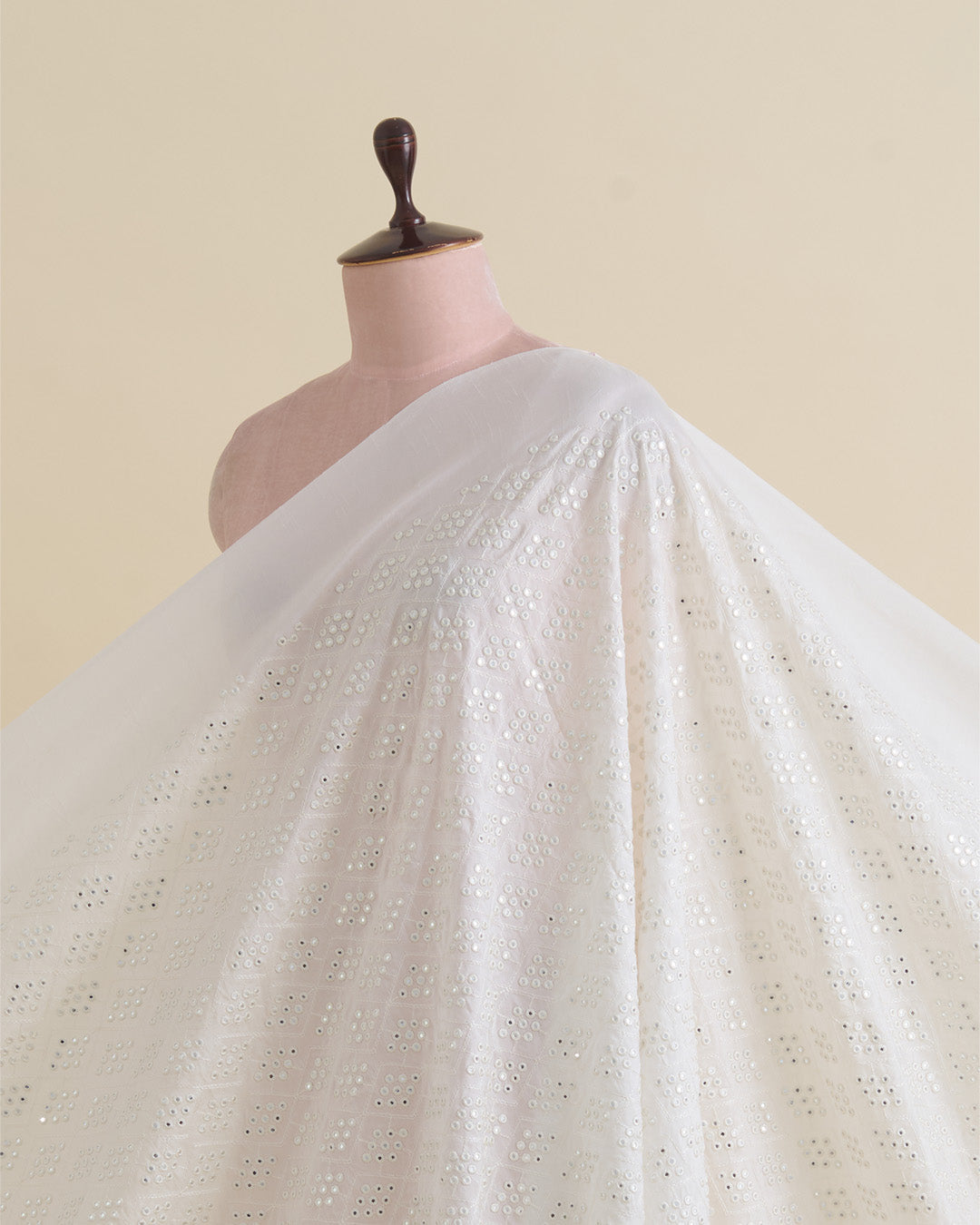 White Slub Silk Thread & Mirror Geometric Embroidery Fabric