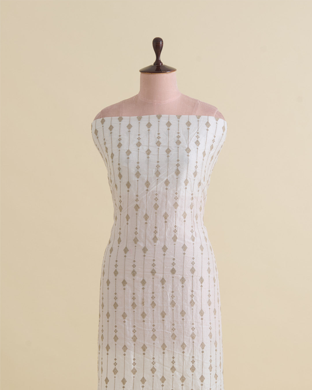 White Grey Slub Silk Thread Stripes Emb Fabric