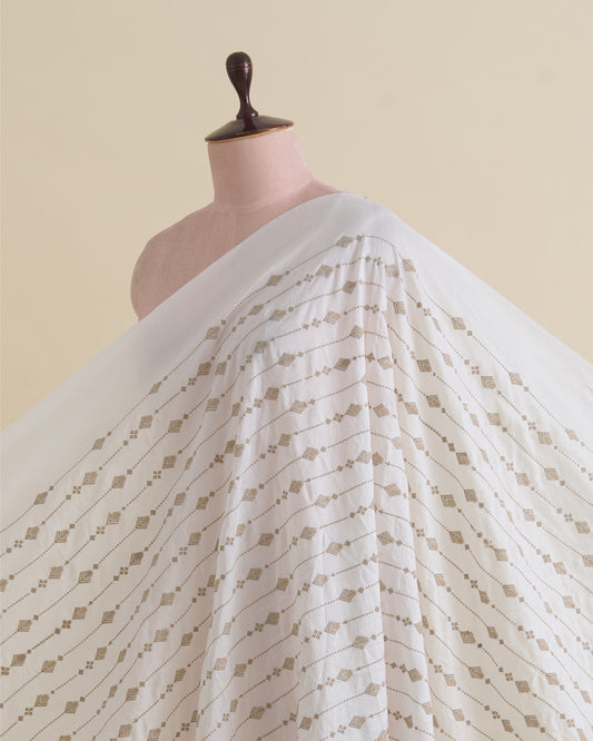 White Grey Slub Silk Thread Stripes Emb Fabric