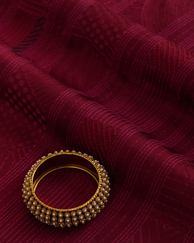 Wine Satin Dupion Geometric Embroidery Fabric