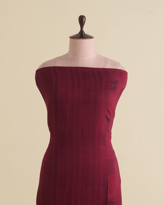 Wine Satin Dupion Geometric Embroidery Fabric