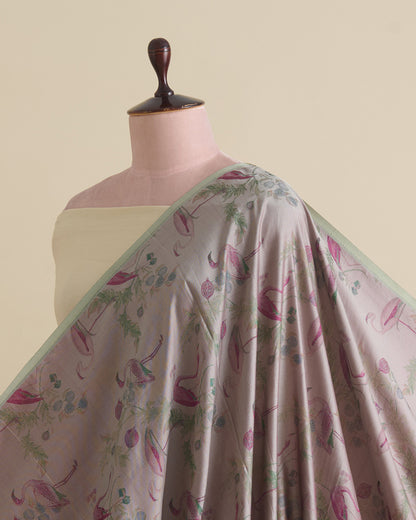 Misty Lilac Grey Silk Chautehri Tanchoi Woven Fabric