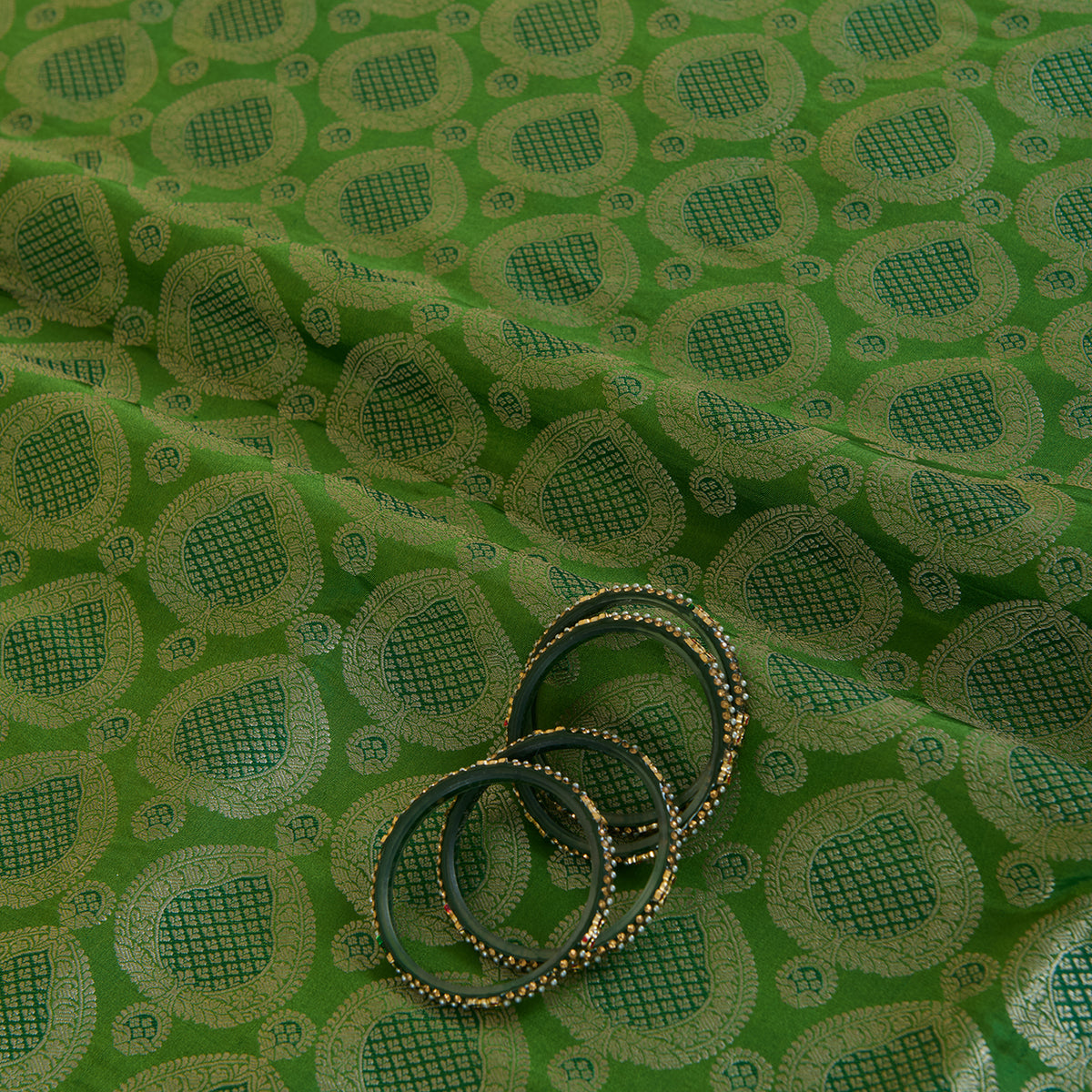 Parrot Green Satin Mina Brocade Buta