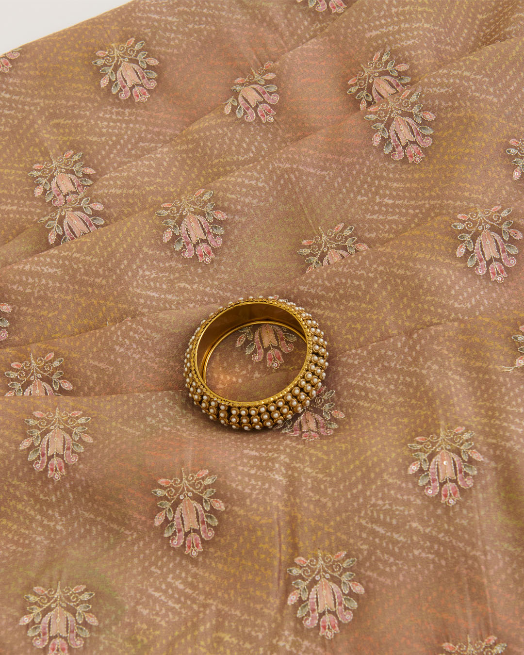 Semi Dupion Printed Buti Fabric with Zari & Sequins Embroidery – Beige Gold