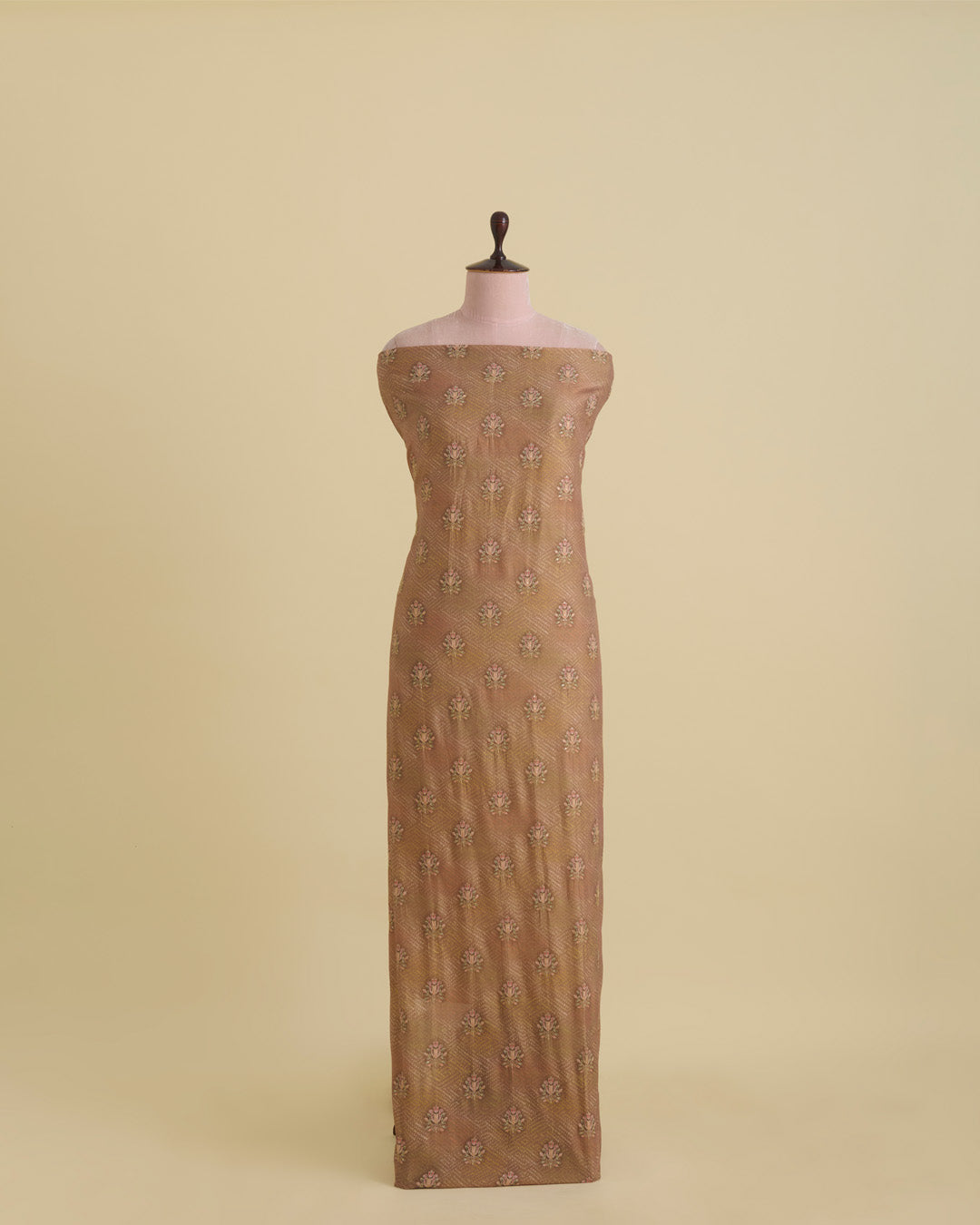 Semi Dupion Printed Buti Fabric with Zari & Sequins Embroidery – Beige Gold