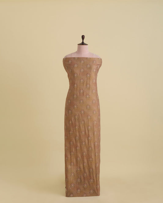 Semi Dupion Printed Buti Fabric with Zari & Sequins Embroidery – Beige Gold