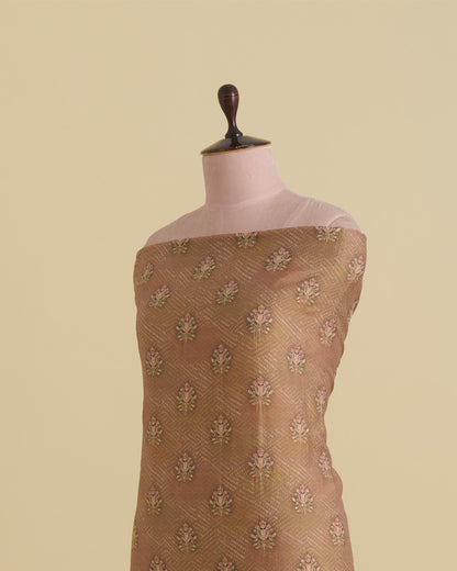Semi Dupion Printed Buti Fabric with Zari & Sequins Embroidery – Beige Gold