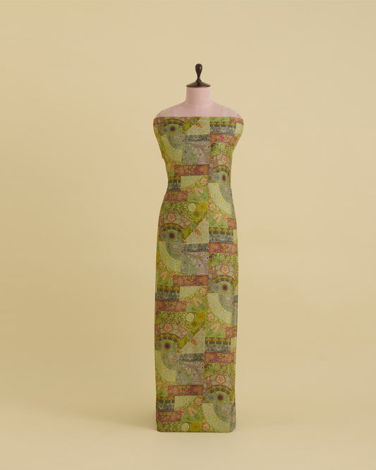 Lime Green Slub Silk Digital Printed Fabric