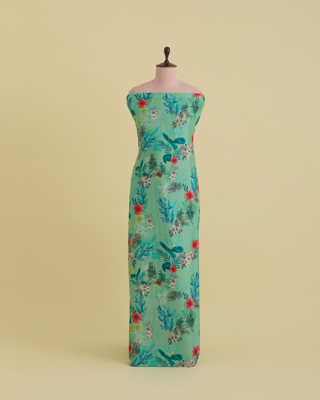 Turquoise Green Slub Silk Digital Printed Fabric