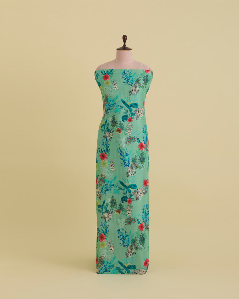 Turquoise Green Slub Silk Digital Printed Fabric