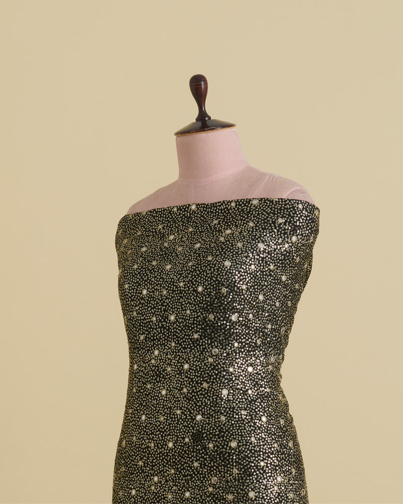 Black Slub Silk Fabric with Mirror & Sequin Work