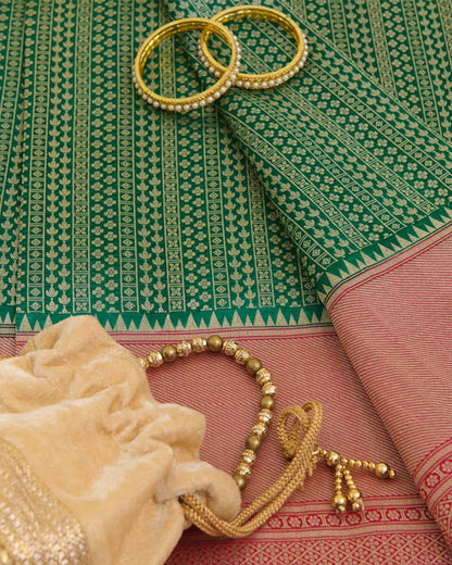 Bottle Green Silk Brocade Fabric with Geometric Daman Border