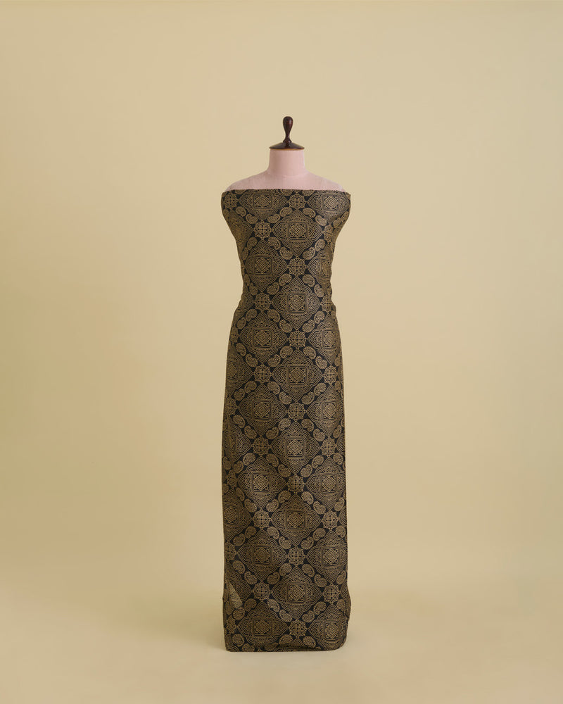 Spun Tussar Geometric Buta Printed Fabric – Black