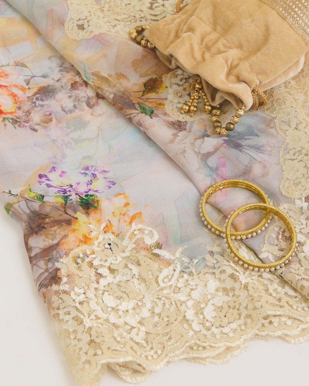 Light Yellow Semi Georgette Printed Dupatta with Lace Border