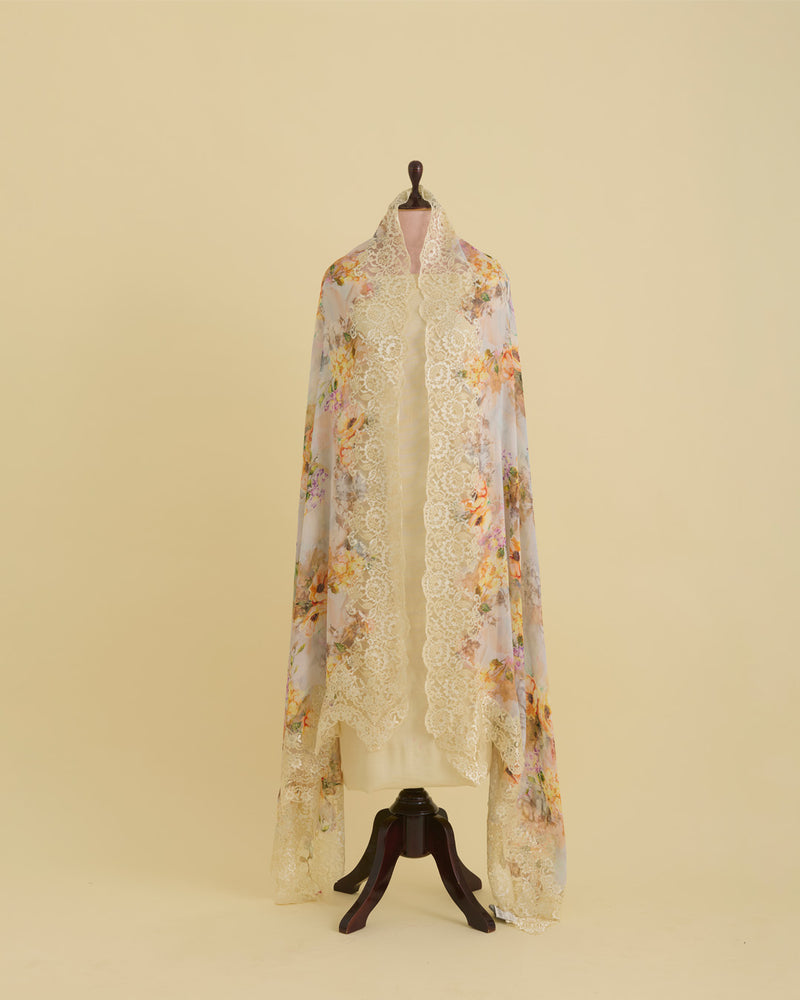 Light Yellow Semi Georgette Printed Dupatta with Lace Border