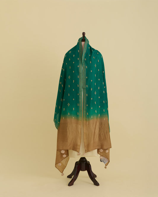 Green & Beige Spun Tussar Zari Buti Shaded Dupatta