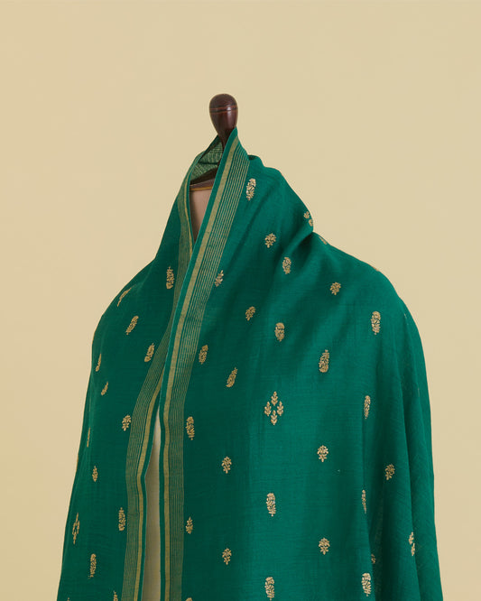 Green & Beige Spun Tussar Zari Buti Shaded Dupatta